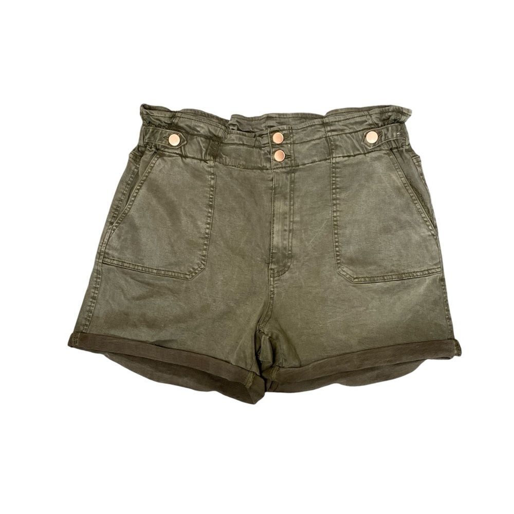 BKE Olive Green Paperbag Waist Shorts XL High Rise Utility Casual Stretch Rolled
